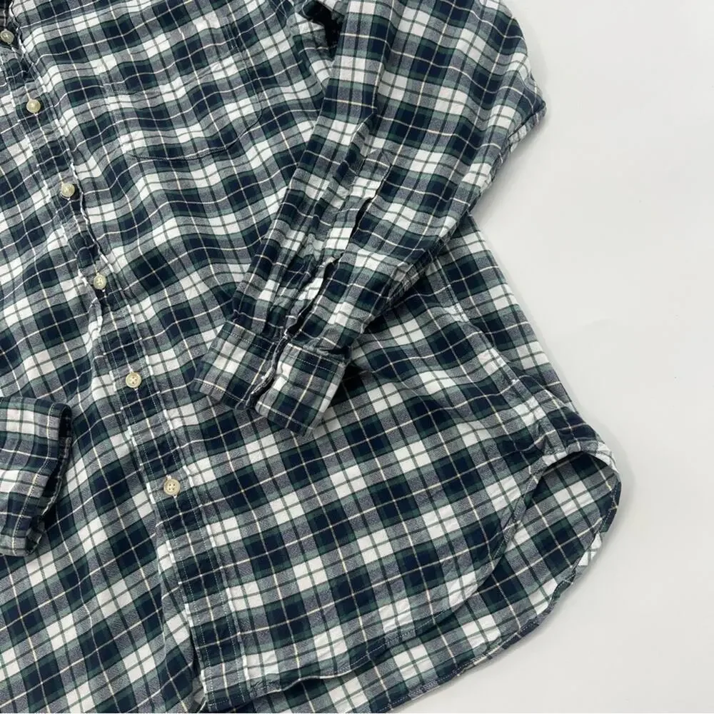 J. Crew Men’s Vintage Oxford Button Down Plaid Navy Blue Green Shirt Long Sleeve